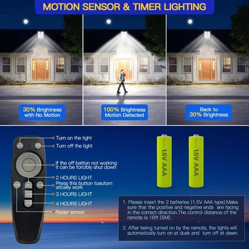 Vista 4 de Farolas solares para exteriores, IP67 impermeable, con sensor de movimiento, control remoto y automático del atardecer al amanecer, LED brillante