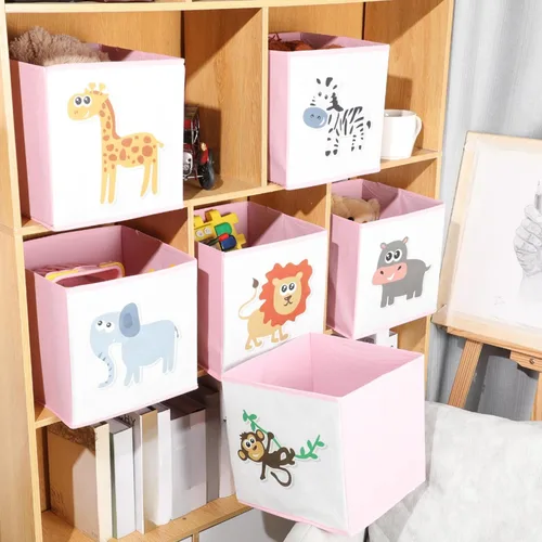 Vista 7 de Berlune Caja de almacenamiento plegable de 6 piezas de cubo de animales de 10 x 10 pulgadas, cestas de cubo de tela no tejida y cartón para niños