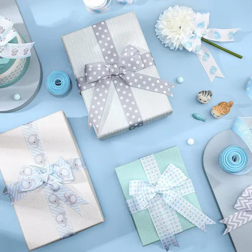 Vista 4 de 8 rollos de cinta de grogrén de elefante para bebé, 7/8 pulgadas, Baby Shower It's a Boy/Girl Foot Print Ribbon para envolver regalos, ducha, Azul