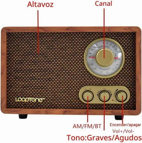 Vista 4 de Radio vintage AM FM Classic Retro Bluetooth con control de graves agudos