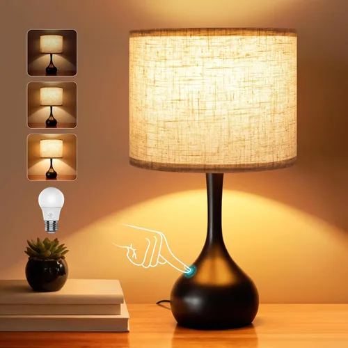 Vista 13 de ONEWISH - Juego de 2 lámparas de mesa de control táctil, de granja, regulables de 3 vías para mesita de noche con pantalla de tela, lámpara