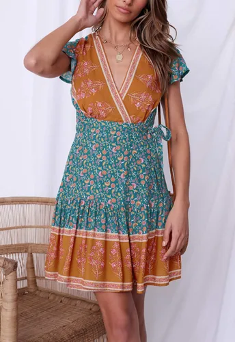 Vista 2 de ZESICA - Vestido corto y envolvente para mujer, diseño de verano con cuello en V, estampado floral bohemio, acampanado, con vuelos, para playa
