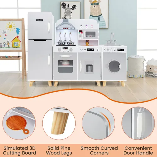 Vista 8 de Costzon Cocina de juego de 3 piezas para niños, juego de cocina de juguete de madera con refrigerador, lavadora, campana extractora, máquina