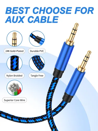 Vista 3 de Cable auxiliar de 3 pies – Cable de audio trenzado de nailon de 0.138 in para estéreo de coche, cable auxiliar para auriculares, altavoces