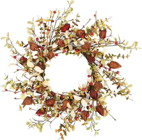 Vista 18 de YNYLCHMX - Corona de otoño de 20 pulgadas para puerta delantera, eucalipto y decoración de sorgo Hojas de eucalipto artificiales y sorgo