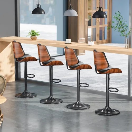 Vista 9 de Juego de 1 taburetes de bar giratorios de madera curvada ajustables para encimera de cocina, moderna silla de bar tapizada de piel sintética