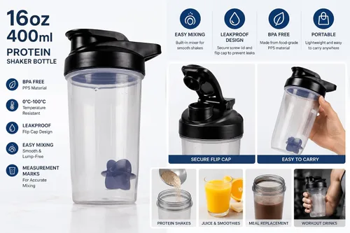 Vista 2 de ChezMax Shaker Bottle for Protein Powder (BPA free),PP5 Leakproof Mixer Cup with Built-In Mixing Blade, Portable Workout Shaker for Protein