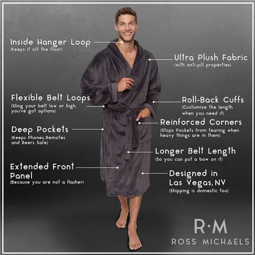 Vista 5 de Ross Michaels Mens Robe Shawl Collar Wrap Style - Mid Length Plush Fleece Bathrobe