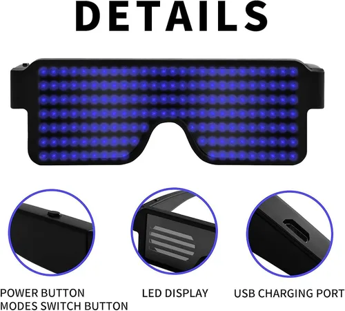Vista 23 de Gafas LED dinámicas que brillan con luz LED recargable por USB, con luz intermitente de neón, 11 patrones, gafas luminosas