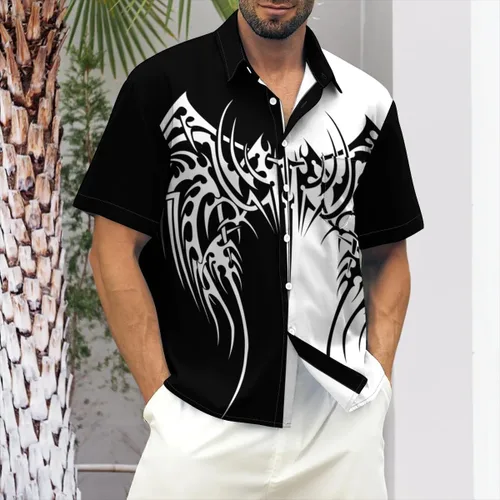Vista 3 de Camisas casuales de verano para hombre, manga corta, con botones, camisetas de boliche, camisetas de campamento elásticas