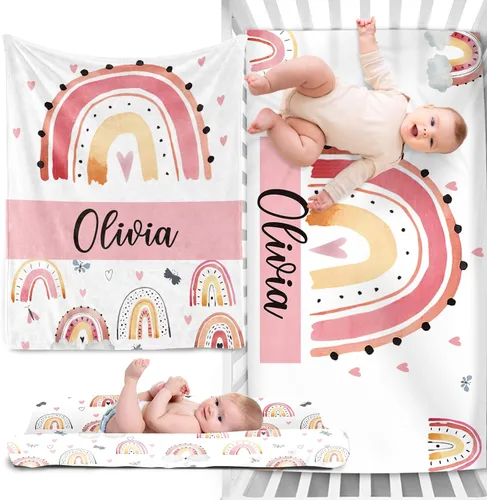 Vista 15 de Juego de ropa de cama personalizado para cuna de bebé, juego de 3 piezas para cuna de bebé, diseño de bolas y arco iris, cómoda manta de bebé