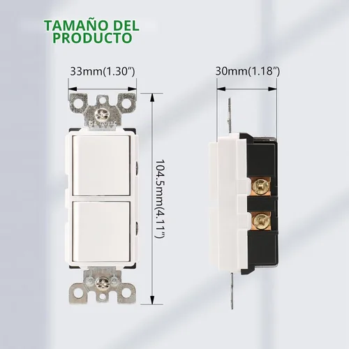 Vista 6 de Wengart Interruptor Decorativo de Combinación Basculante Dúplex, 120VCA 15Amp, Terminal de Tierra, Grado Residencial/Comercial, 2 Interruptores