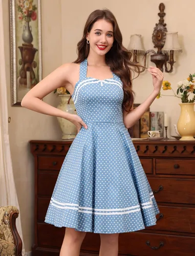 Vista 5 de Vestido de cóctel vintage de los años 50 con botones florales de los años 50, Rockabilly Audrey Hepburn, vestido de fiesta de té, Azulclaro, Grande