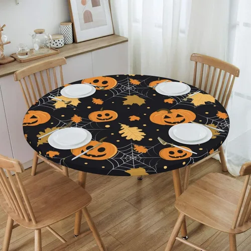 Vista 4 de Famame Mantel redondo ajustable con diseño de hojas de otoño y Halloween, con borde elástico, impermeable, con borde elástico, para interiores