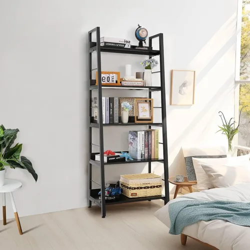 Vista 4 de Homdox Estantería de escalera de 5 niveles, estantería industrial de madera y metal, soporte para plantas y flores, estante de almacenamiento