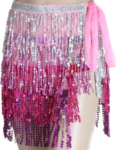Vista 5 de Sureio Belly Dance Sequins Skirt for Waist Circumference 31.5 Inch Christmas Sparkly Fringe Skirt Heart Sunglasses for Women