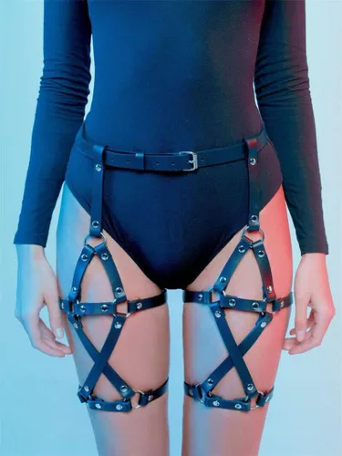 Vista 3 de Cinturón punk negro con cadena de cintura, liguero de cuero, leggings para el cuerpo, accesorios de joyería para mujeres y niñas, Negro