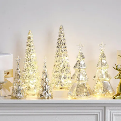 Vista 5 de Set de 6 figuras de árbol de Navidad de mesa iluminadas de vidrio de mercurio con luces LED, operadas por batería, centros de mesa iluminados