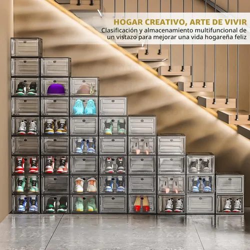 Vista 4 de Organizador de almacenamiento de zapatos de plástico transparente, grueso y resistente c/puerta magnética, cajas apilables, zapatero plegable
