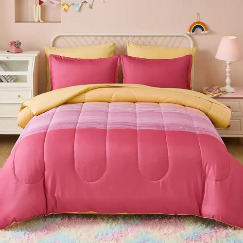 Vista 18 de Dinjoy Juego de edredón de 6 piezas para niñas, juego de ropa de cama colorido de arcoíris degradado tamaño individual, cama en una bolsa para niños