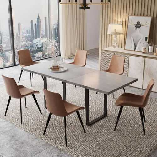 Vista 26 de ZckyCine Conjunto moderno de mesa de comedor de 5 piezas con mesa rectangular de madera y 4 sillas tapizadas en cuero, capacidad para 4 personas