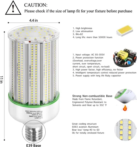 Vista 2 de GTAREN Bombilla LED de 100W en forma de mazorca, reemplazo para lámpara de 400 vatios de metal haluro HPS CFL HID, base E39 mogul, 5000K