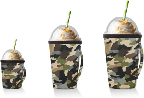 Vista 6 de Funda aislante reutilizable de neopreno con piel de camuflaje del ejército para bebidas, con asa, para la mayoría de cafés o bebidas heladas, 16-18