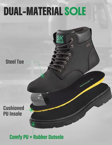 Vista 5 de SKPRO Botas de trabajo con punta de acero para hombres, zapatos de seguridad antideslizantes impermeables para la construcción, botas de trabajo
