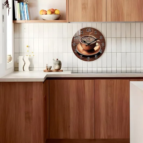 Vista 4 de Reloj de pared de taza de café para cocina de 10 pulgadas – Reloj de pared vintage a pilas – Relojes de pared de madera silenciosos sin tictac