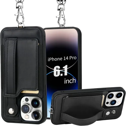 Vista 21 de TOOVREN Funda para teléfono compatible con iPhone 14 Plus, compatible con iPhone 14 Plus, funda con correa para tarjetero, cordón de cuero para Negro