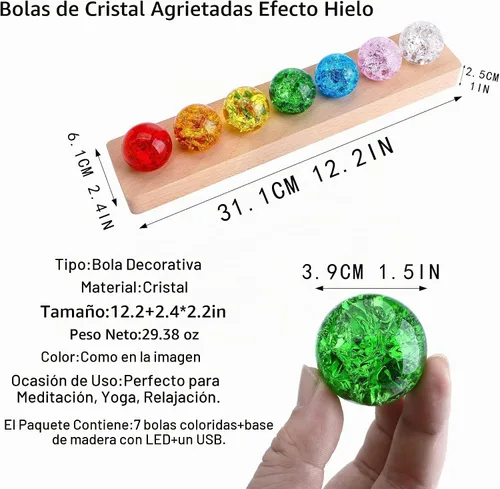 Vista 4 de 7 colores 1.575 in hielo agrietado bolas cristal chakra bolas con base de madera LED Bola curativa de cristal de la esfera, bola del cuarzo