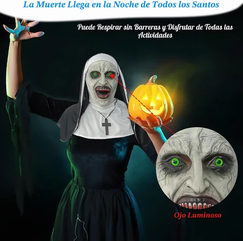 Vista 4 de Máscara de terror de monja 2024, máscara de disfraz de cabeza completa con collar de cruz para fiesta de Halloween