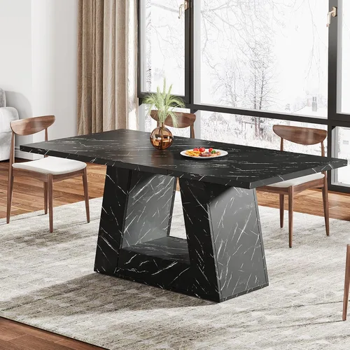 Vista 3 de Mesa de comedor Tribesigns para 4 a 6 personas, mesa rectangular de 63" para comedor, mesa moderna de madera con falso mármol para cenas con base