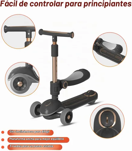 Vista 4 de 2-in-1 Toddler Scooter with Seat, 3 Wheel Kids Scooter Ages 2-5 Sit-or-stand first scooter with removable seat, lean-to-steer, adjustable