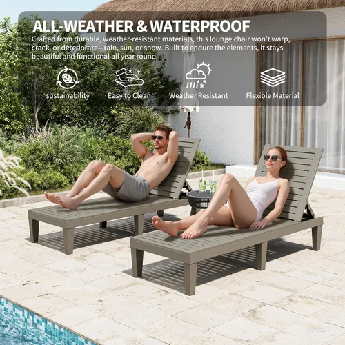 Vista 8 de Juego de sillas reclinables al aire libre, 2 piezas, 5 posiciones ajustables para bronceado con textura de madera, silla de patio de resina