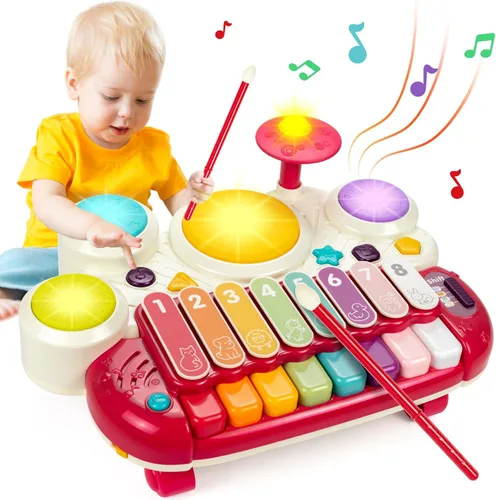 Vista 7 de Marstone Juguetes para niños y niñas de 1 año: Juguetes musicales para bebés de 1 a 3 años, juego de batería de piano para bebés de 6 a 12 meses, 12