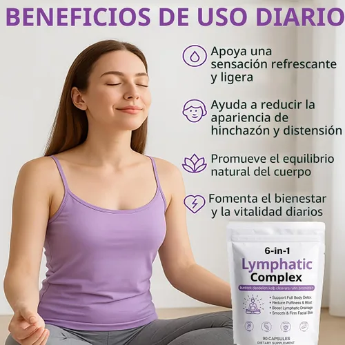 Vista 4 de Cápsulas de complejo linfático 6 en 1: drenaje linfático con bardana, diente de león, cuchillas de algas para reducir la hinchazón, equilibrar