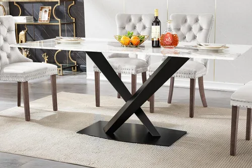 Vista 12 de Mesa de comedor de mármol negro para 4, 6, 70 pulgadas, moderna mesa de comedor de cocina dorada con base de acero inoxidable con diseño