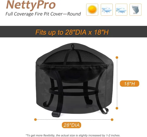 Vista 2 de NettyPro Cubierta para Fogata Redonda Impermeable para Exteriores Cubierta para Fogata para Mesa de Fogata de Gas Propano, 28 x 18 pulgadas, Negro