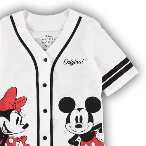 Vista 24 de Disney Camiseta de béisbol de Mickey Mouse con botones para mujer, diseño de Mickey y Minnie Mouse