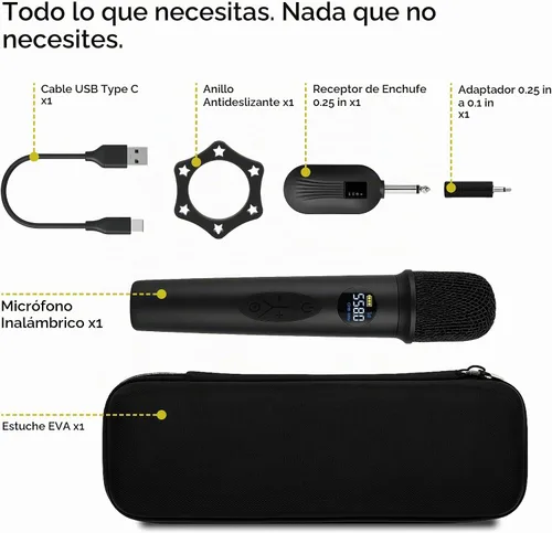 Vista 4 de Sistema de Micrófono Inalámbrico Bowens – Micrófono Inalámbrico para Karaoke con Receptor, Control de Eco, Pantalla LCD, Carga USB-C, Adaptador