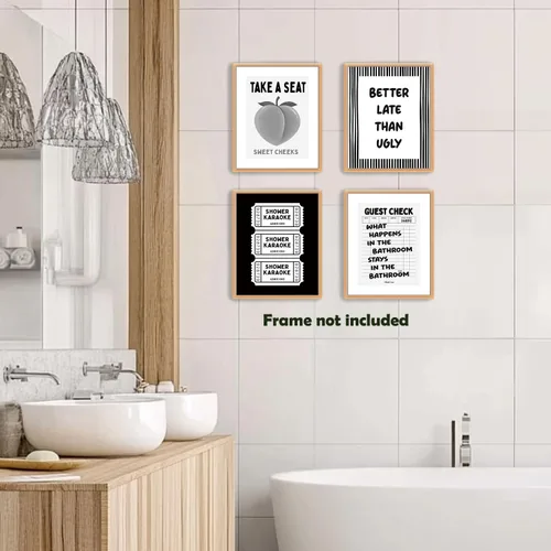 Vista 4 de Pleonox - Impresiones de arte de pared de baño divertidas en negro y blanco en lienzo 8x10 Pulgadas, juego de 4, decoración de pared de ducha