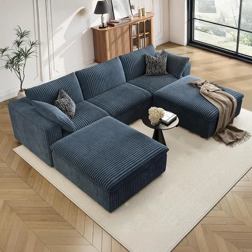 Vista 70 de 118" Cloud Couch Oversized Modular Sectional Sofa, Boneless L-Shaped 6 Seater Deep Seat Couch with Ottoman, Soft Corduroy Upholstery, DIY Negro