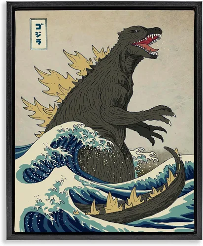Vista 15 de Stupell Industries Godzilla in the Waves Eastern Poster Style Ilustración, diseño de Michael Buxton, marco blanco, 11 x 14 pulgadas Stupell