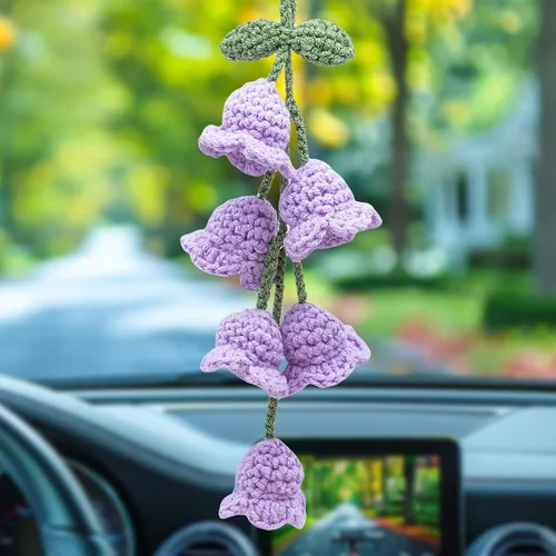 Vista 26 de Accesorios para colgar espejos de automóvil, colgante de flor de lirio tejido hecho a mano, bonita decoración colgante de ganchillo para espejo
