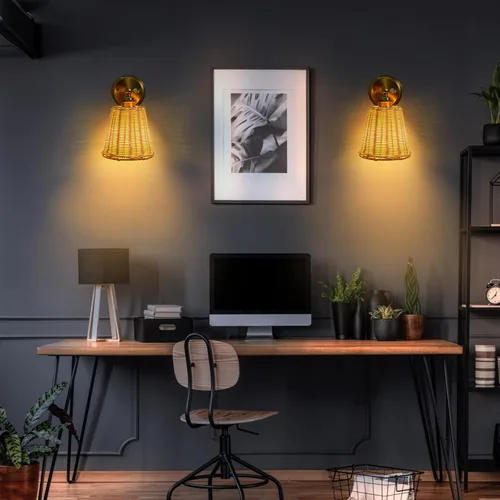 Vista 5 de Aplique de pared de ratán enchufable, pantalla de mimbre tejida a mano, juego de dos apliques de pared, lámpara de pared interior, juego de apliques