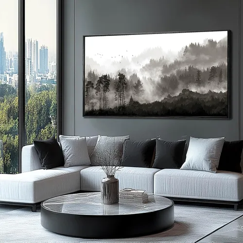 Vista 15 de Arte de pared con árboles para sala de estar; grandes pinturas artísticas en lienzo para dormitorio; cuadros en blanco y negro enmarcados