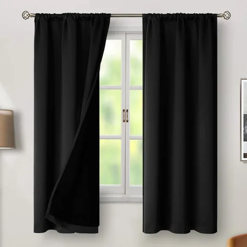 Vista 2 de BGment Cortinas negras 100% opacas de 63 pulgadas de largo con forro aislante térmico, bolsillo para barra y pestaña trasera, cortina de ventana