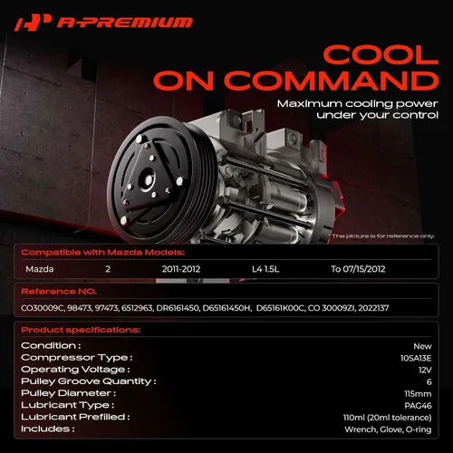 Vista 2 de A-Premium Compresor de aire acondicionado CA con embrague compatible con Mazda 2 1.5L 2011-2012, se adapta al modelo construido solo para 07/15/2012