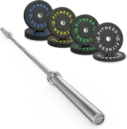 Vista 30 de Olympic Barbell Set, 2-Inch Bumper Plates with Weight Plate Rack Colored Crumb Rubber Weight Plates for Weight Lifting & Strength Training, 90–530